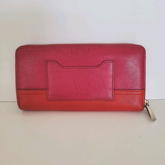 Coach Accordion Zip Around Wallet Pink Red Large Saffiano Leather - Picture 2 of 8